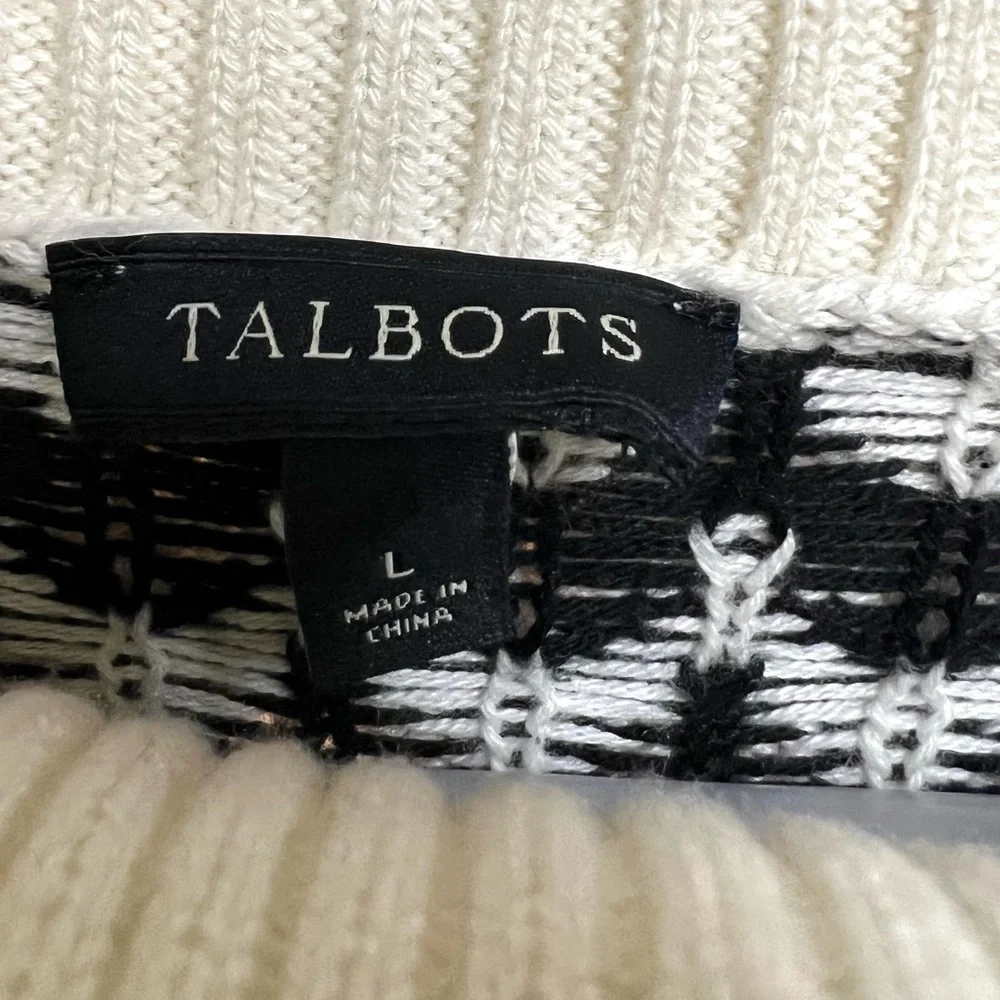 Talbots- Womens Sweater w/ Flip down‎ collar/Buttons- Size: Large, Black/White